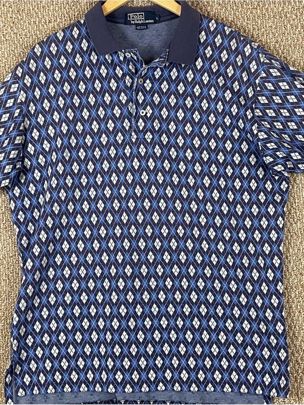 Vintage Ralph Lauren Polo Shirt Mens L Blue Argyle Print Made in USA 90s Ws